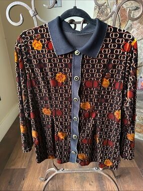 Vintage Monogram Velvet Button-Up Top with Floral Accents